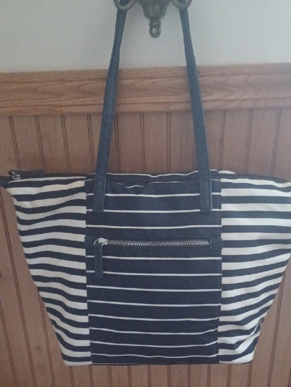 Striped Canvas Tote Bag in Navy Blue and White